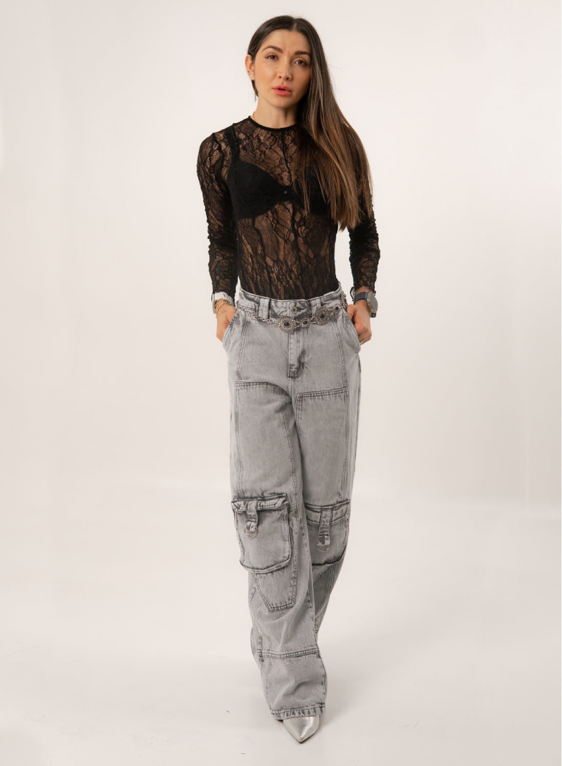 Grey Relaxed Fit Women's Low Rise Cargo Alien Jeans