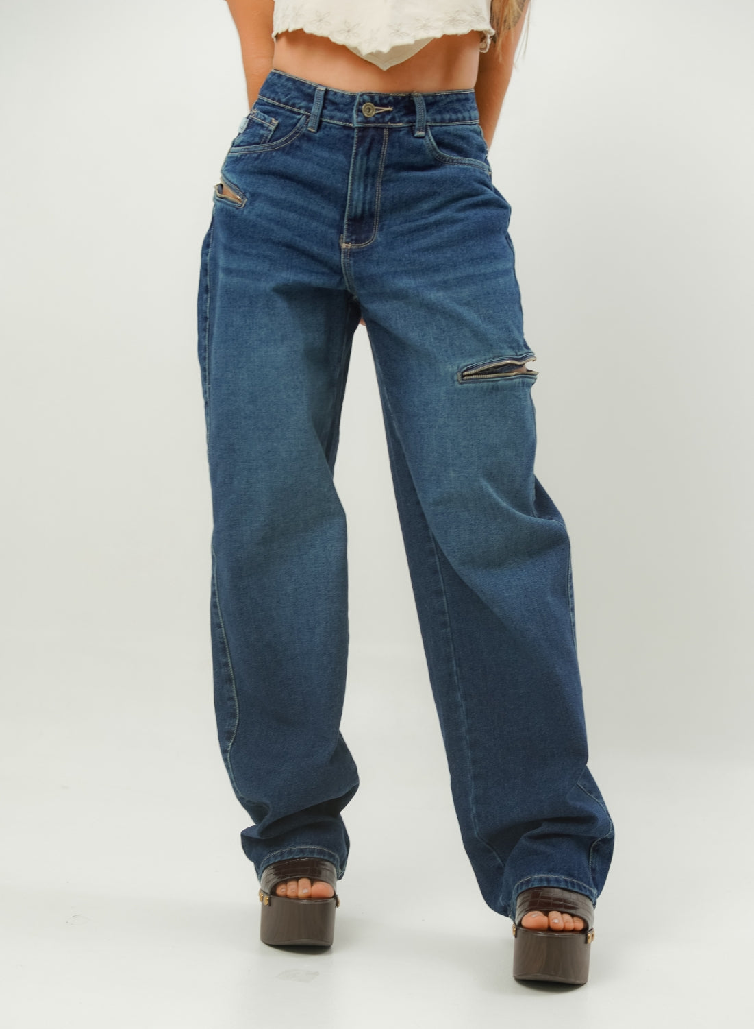 Women's Mid Waist Baggy Dark blue Jeans lady