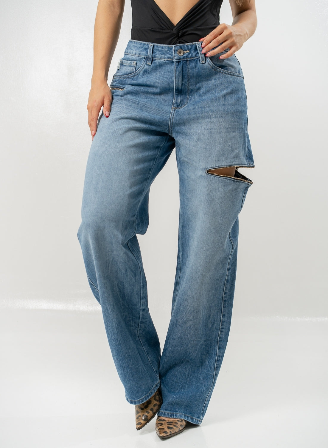 Women's Mid Waist Baggy Jeans mid blue