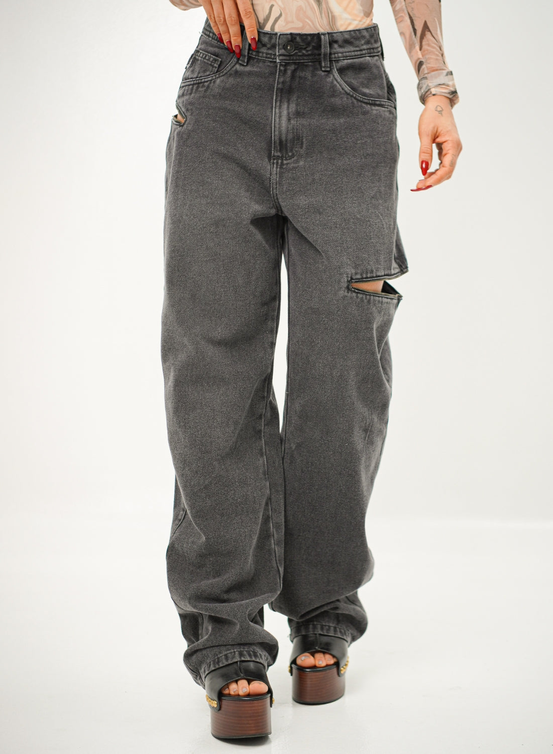 Women's Mid Waist Baggy Alien Jeans Dark Gray