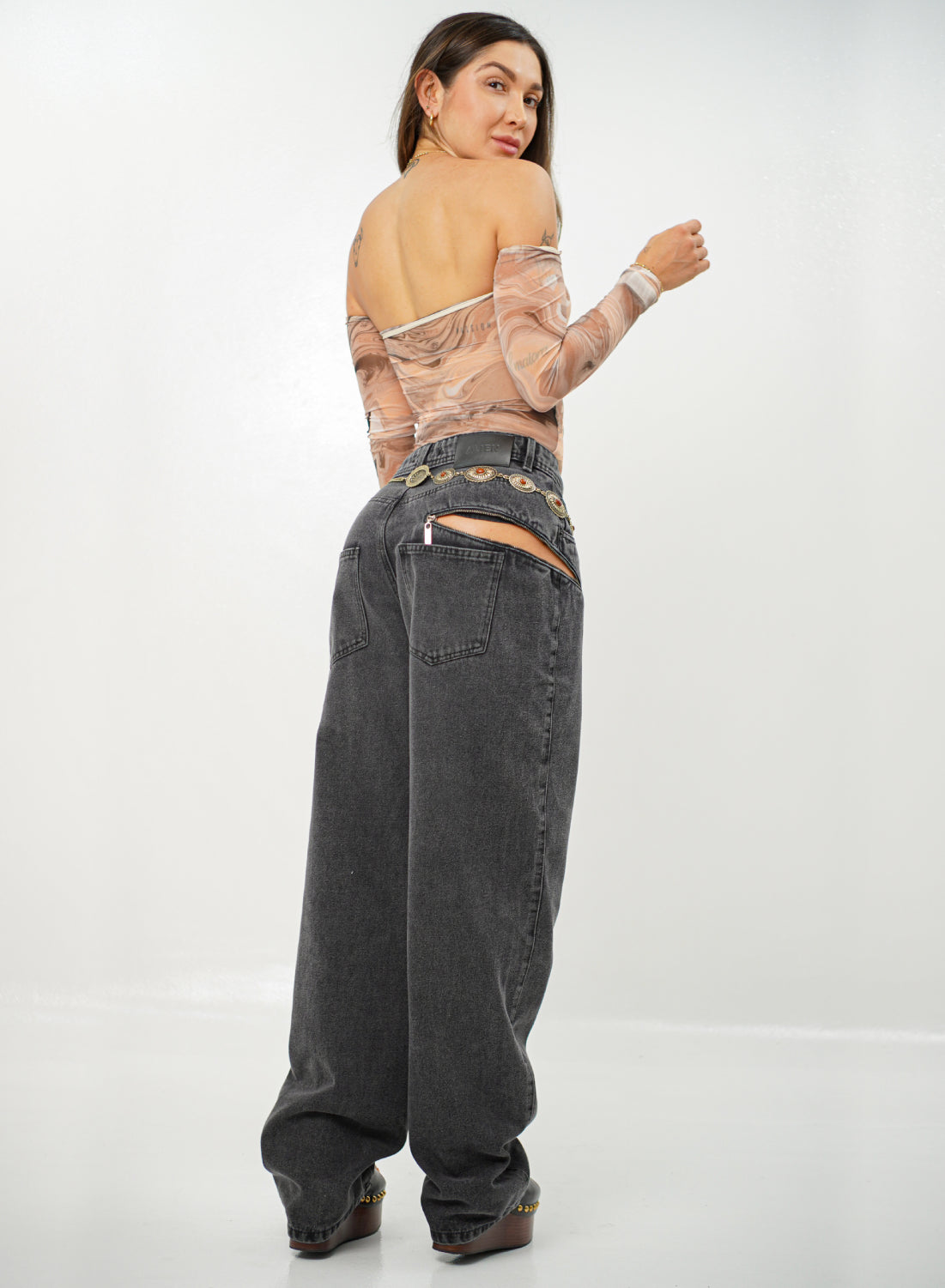 Women's Mid Waist Baggy Alien Jeans Dark Gray