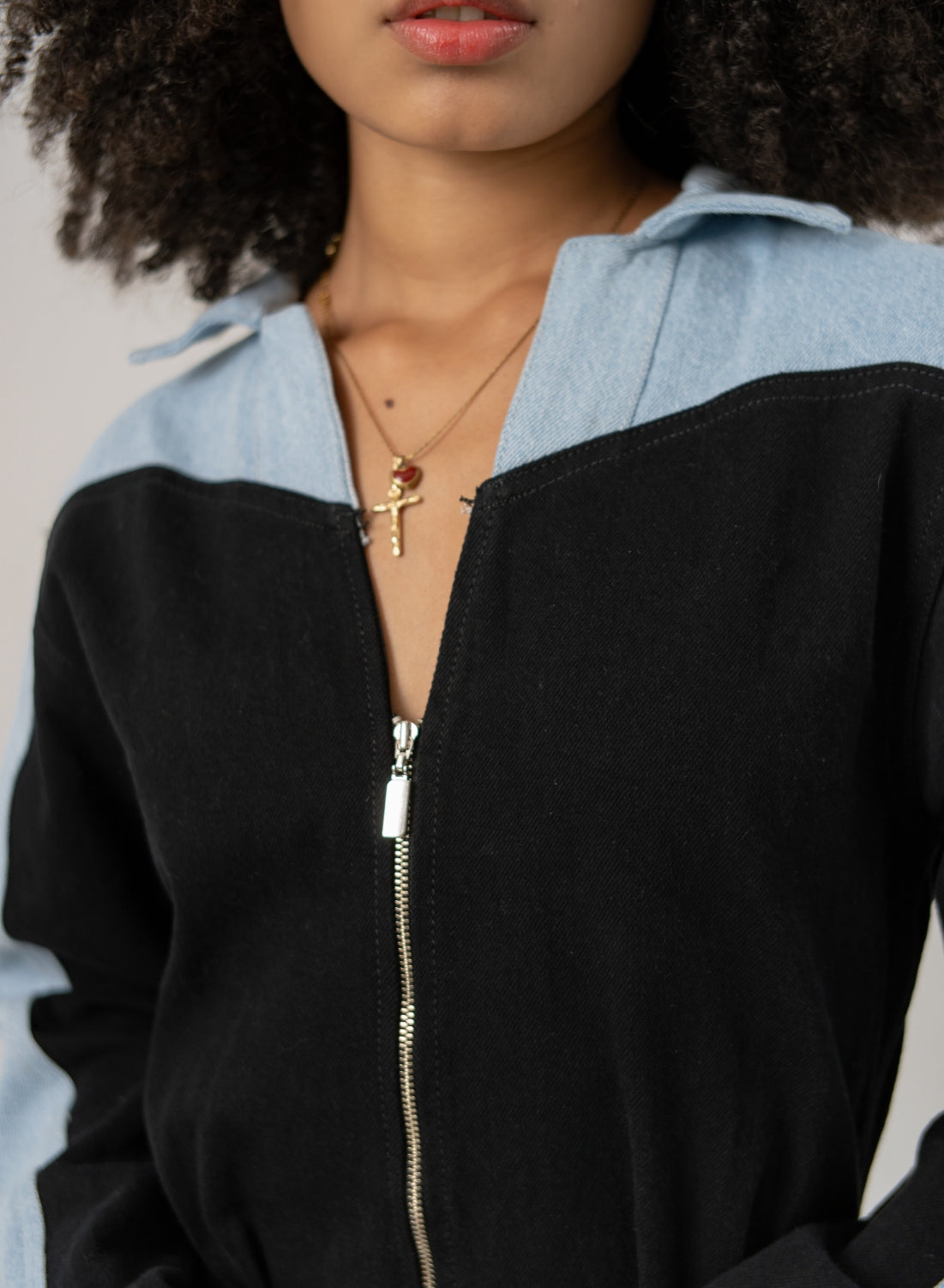 Women's Long-sleeve Denim Mini Dress Black and Blue