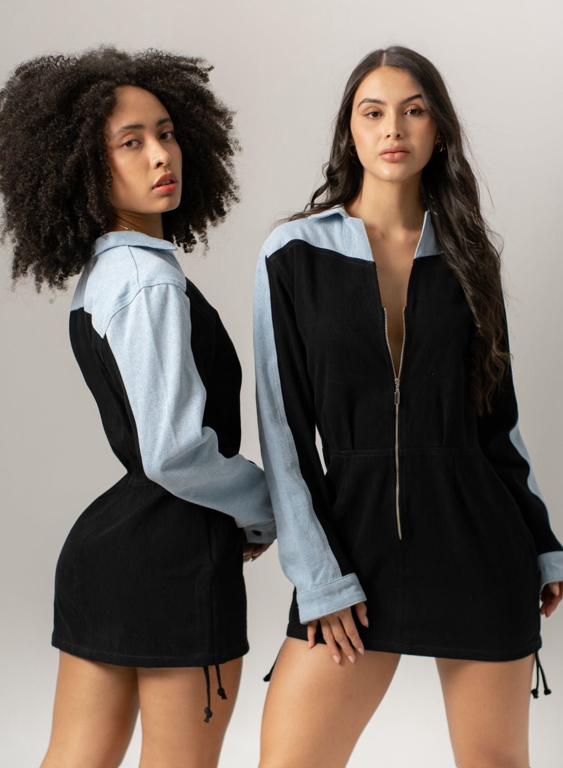 Women's Long-sleeve Denim Mini Dress Black and Blue