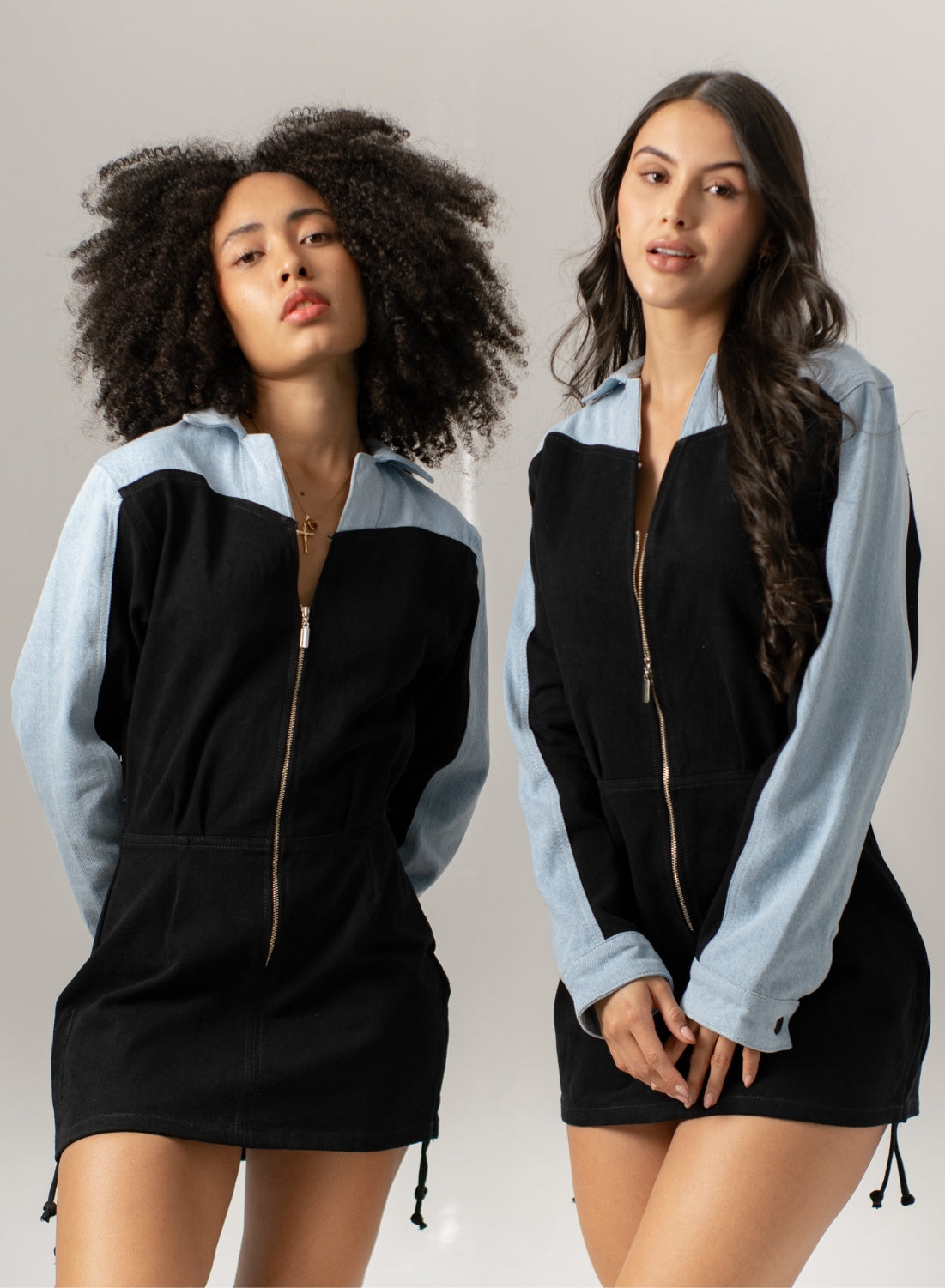 Women's Long-sleeve Denim Mini Dress Black and Blue