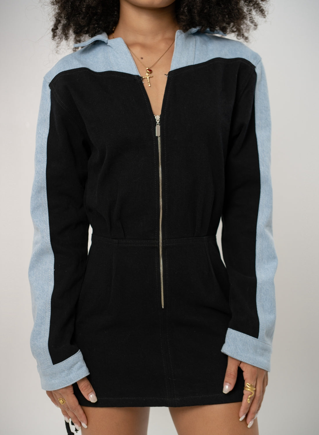 Women's Long-sleeve Denim Mini Dress Black and Blue