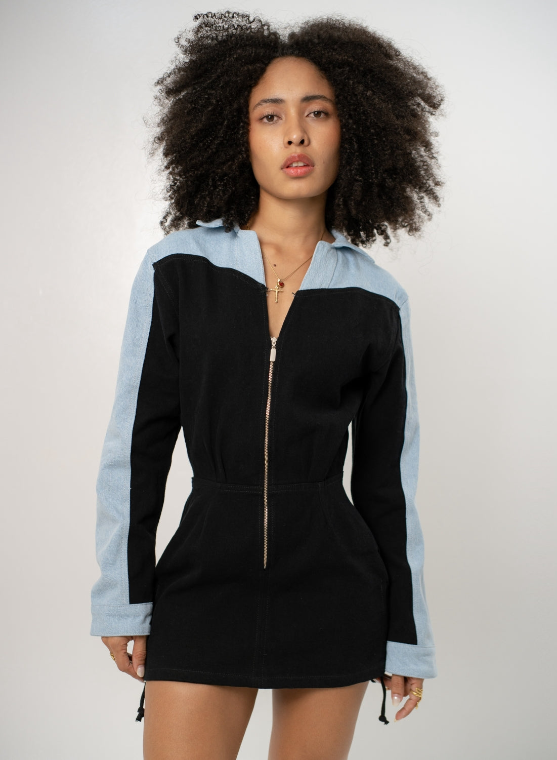 Women's Long-sleeve Denim Mini Dress Black and Blue