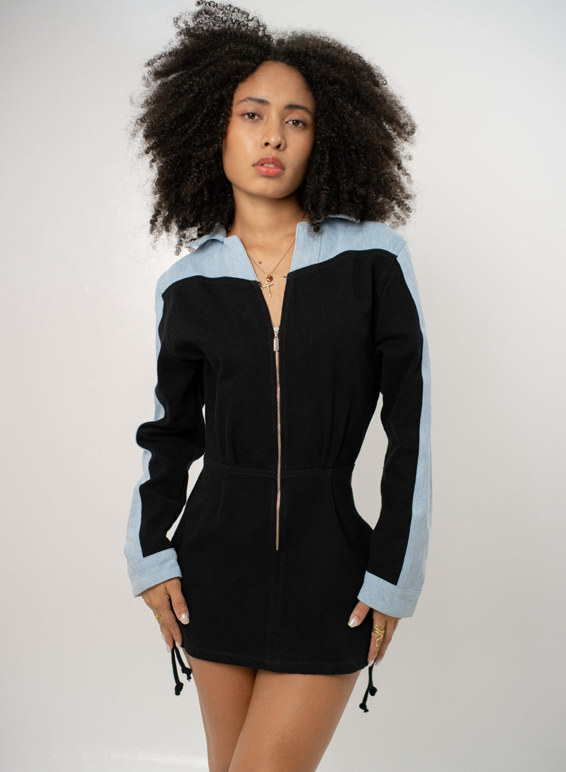 Women's Long-sleeve Denim Mini Dress Black and Blue