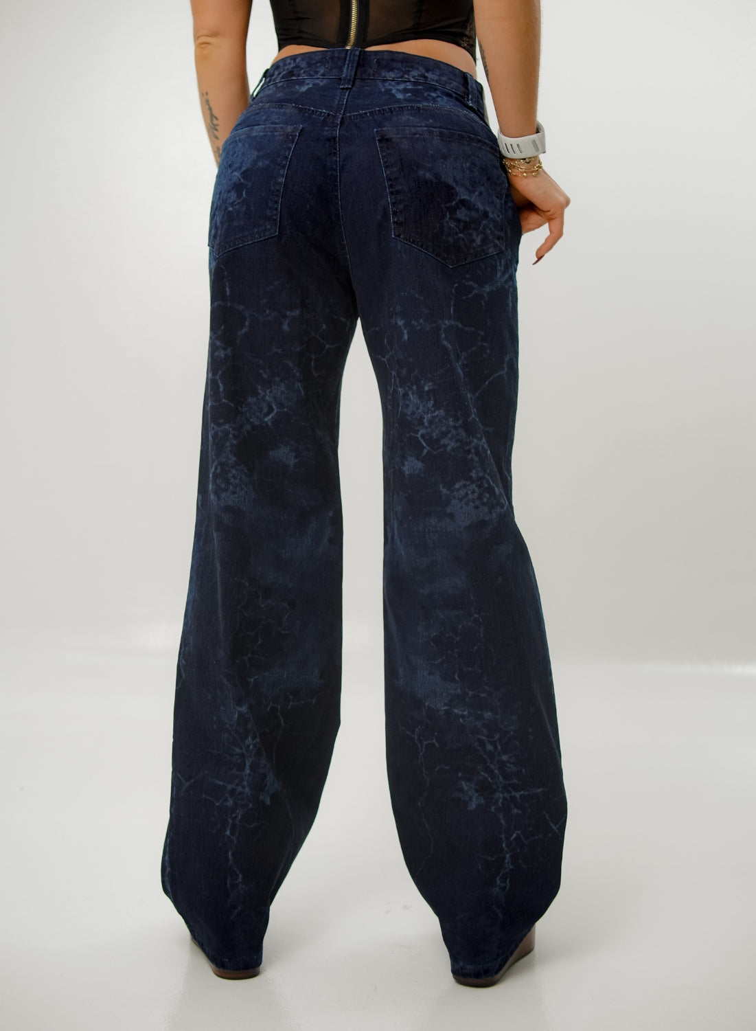 Women's Low Rise Straight Dark Blue Jeans with Lasser effect
