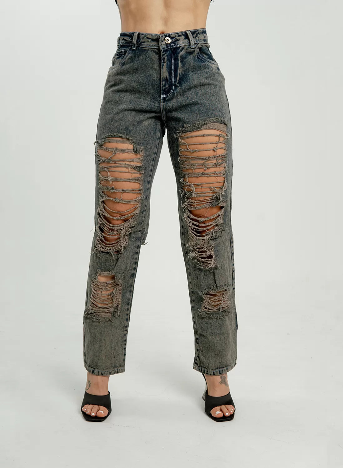 Ripped Mid Rise Mom Jeans
