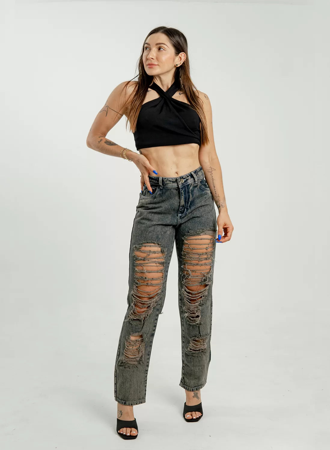 Ripped Mid Rise Mom Jeans