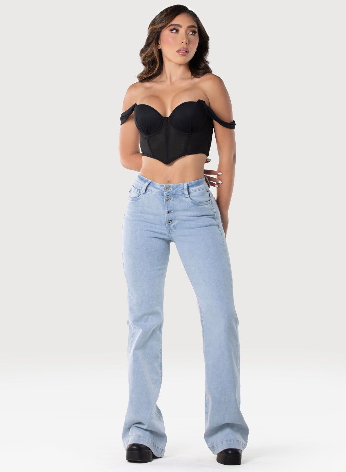 4-button - Women's Mid Rise Bootcut Jeans Light Blue