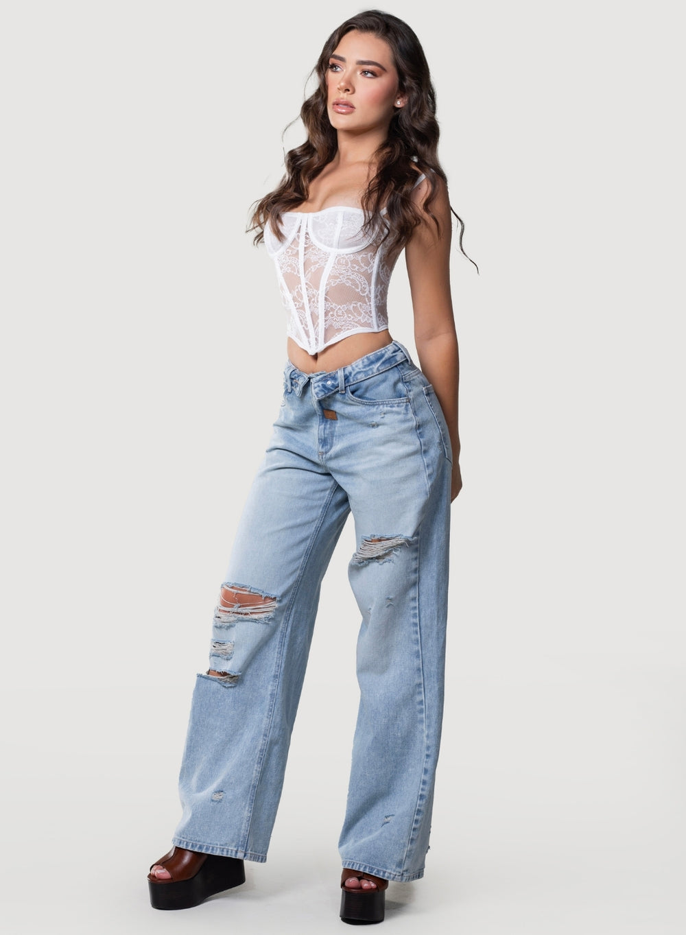 Women's Low Rise Wide leg Jeans  ripped  Fold-over waistband alien jeans colombia