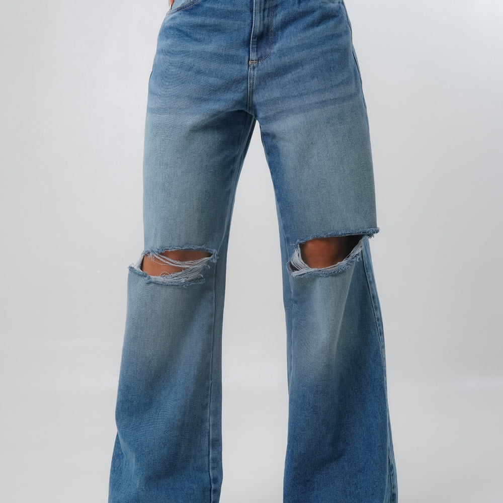 
                      
                        WIDE LEG RIPPED BLUE JEANS
                      
                    