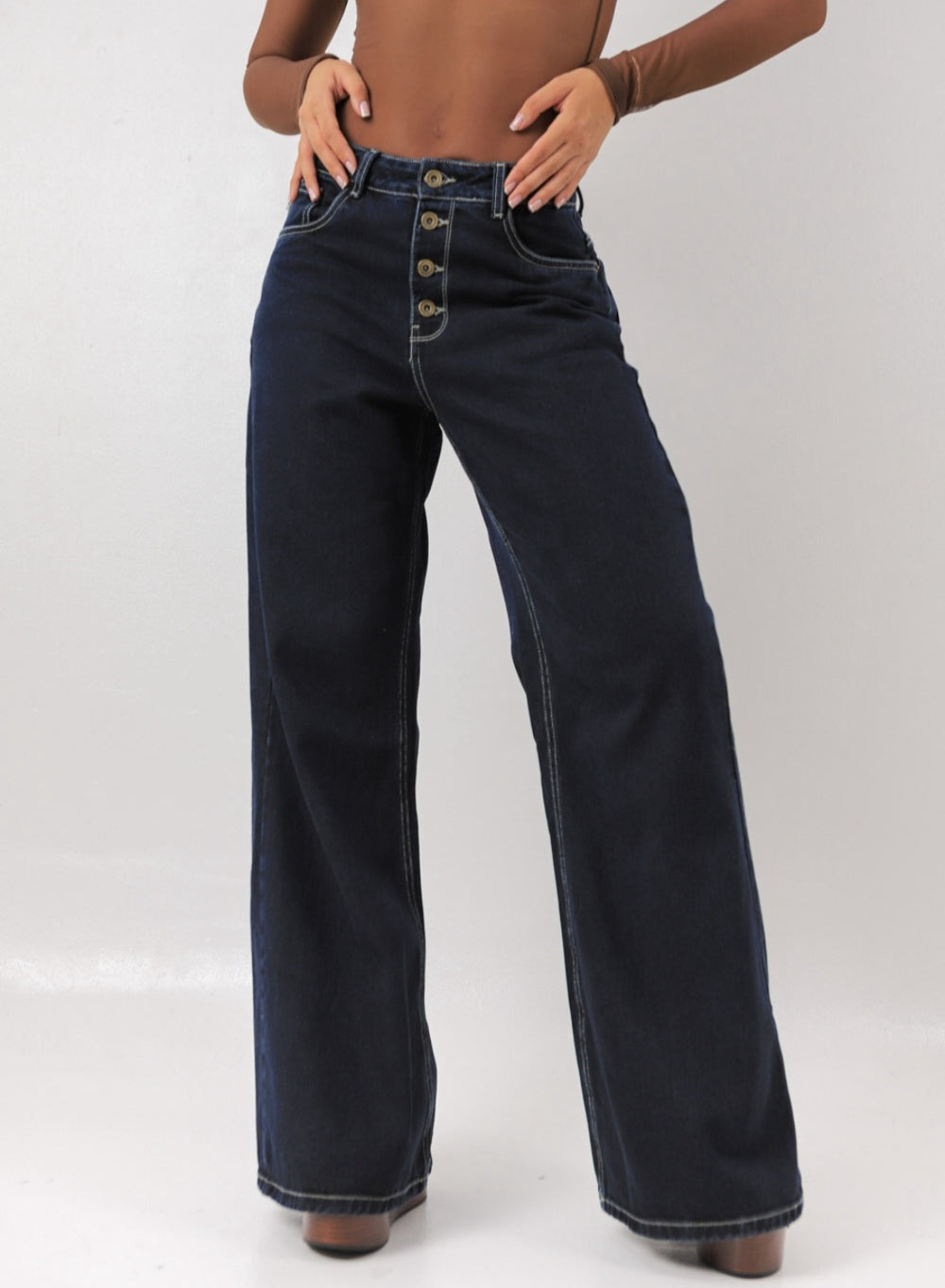 4 Button - Women's Low Rise Wide Leg Jeans DARK BLUE ALIEN JEANS