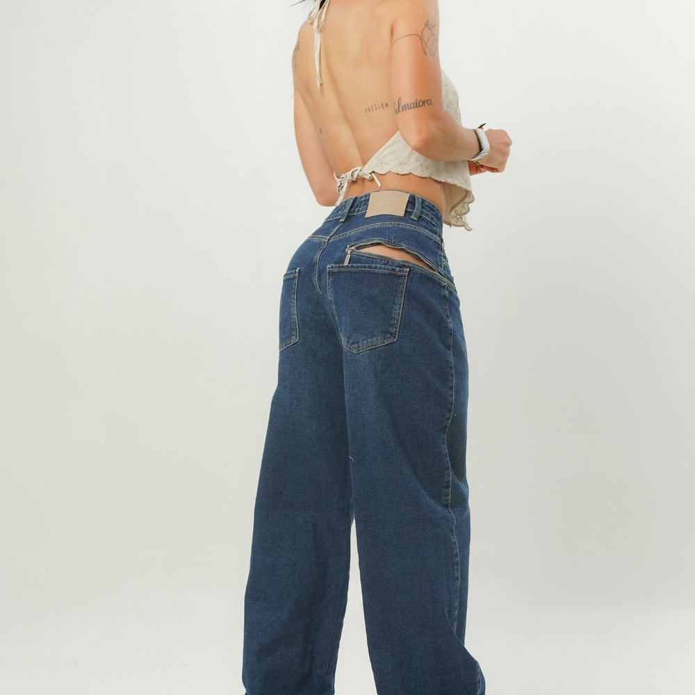 Women's Mid Waist Baggy Dark blue Jeans ladies