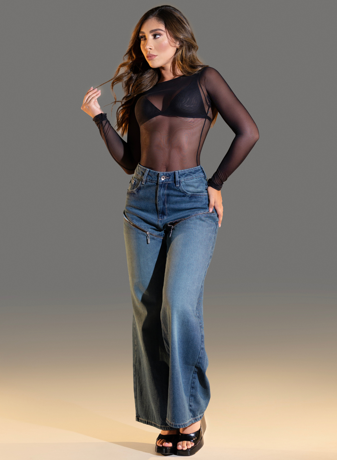 Women's Mid Rise Cut-Out Wide Leg Jeans ALIEN JEANS COLOMBIA
