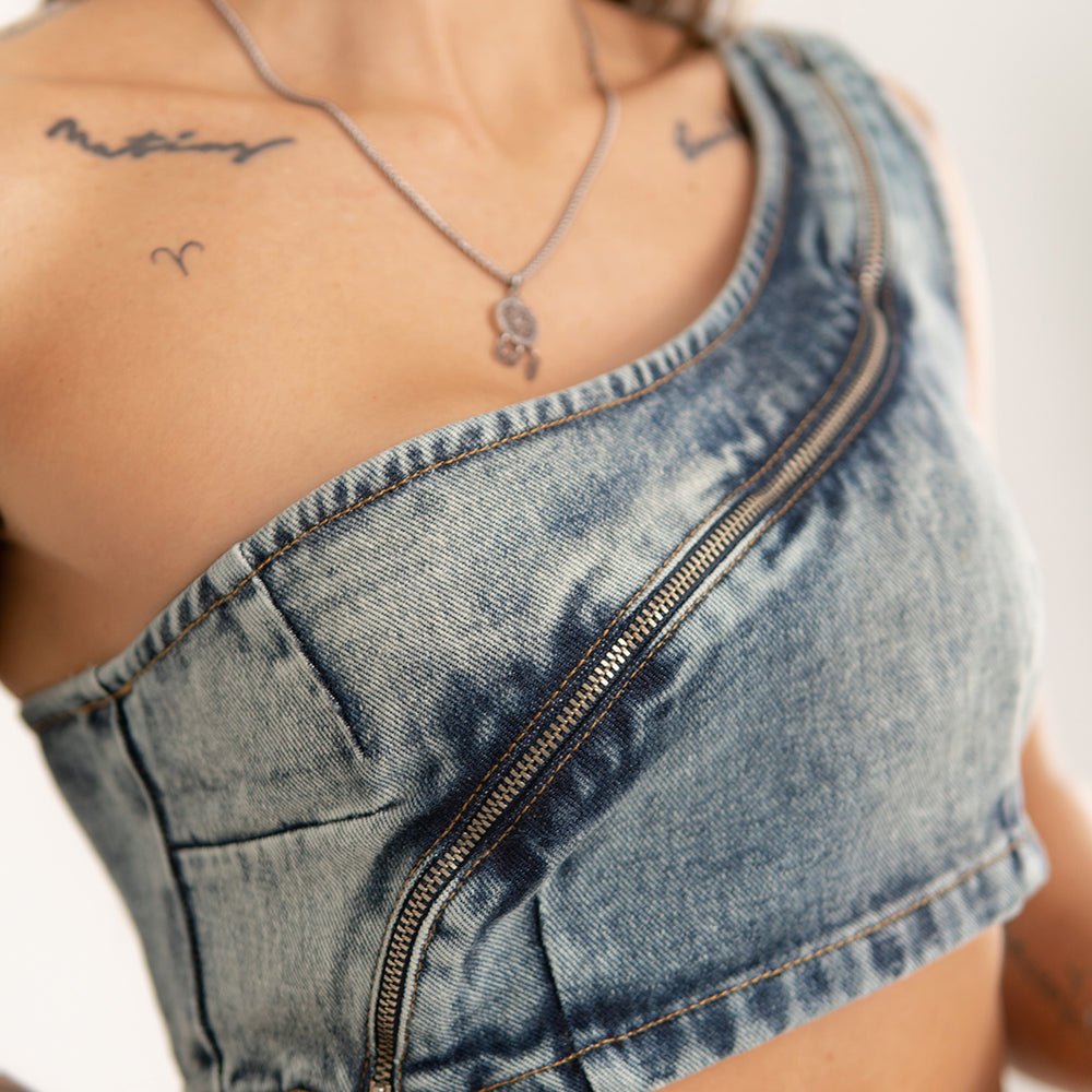 
                      
                        One-Shoulder DENIM Crop Top
                      
                    