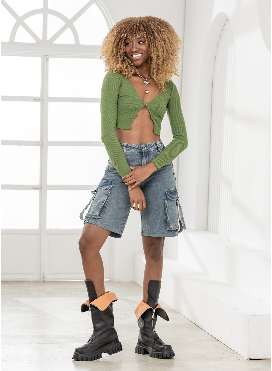 WOMENS DENIM CARGO JORTS BERMUDA