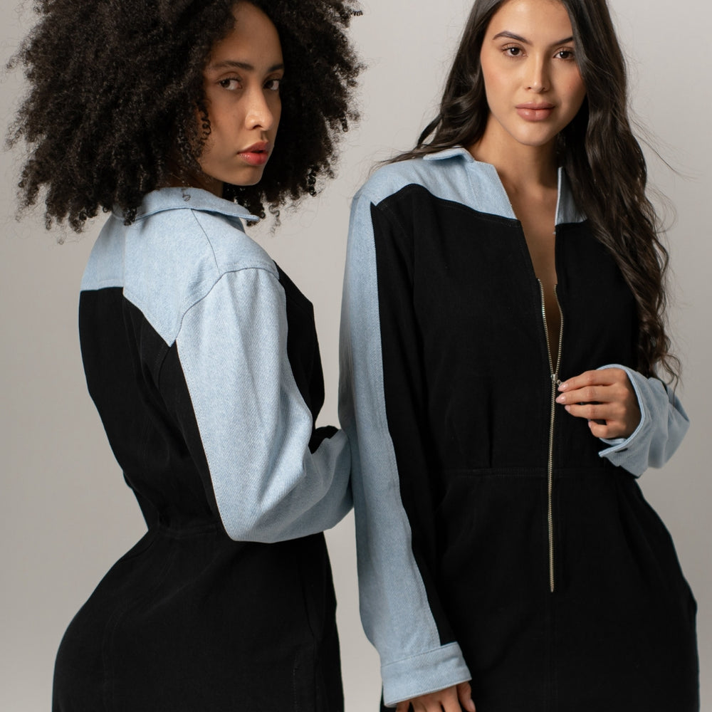 Women's Long-sleeve Denim Mini Dress Black and Blue
