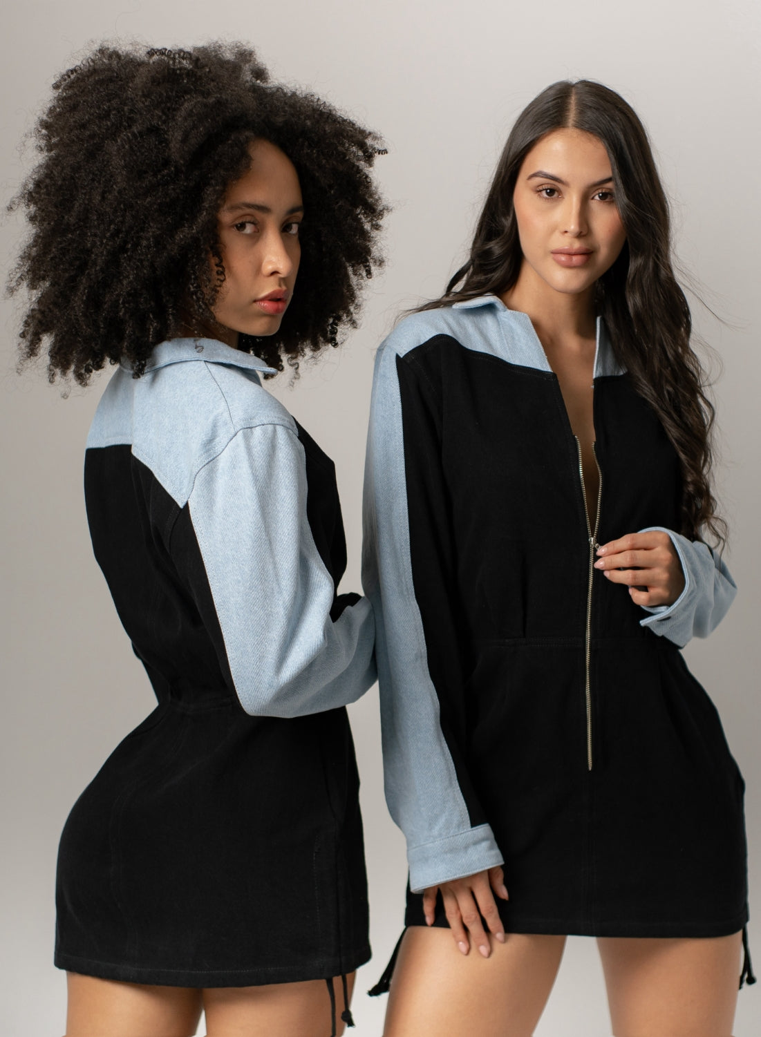 Women's Long-sleeve Denim Mini Dress Black and Blue