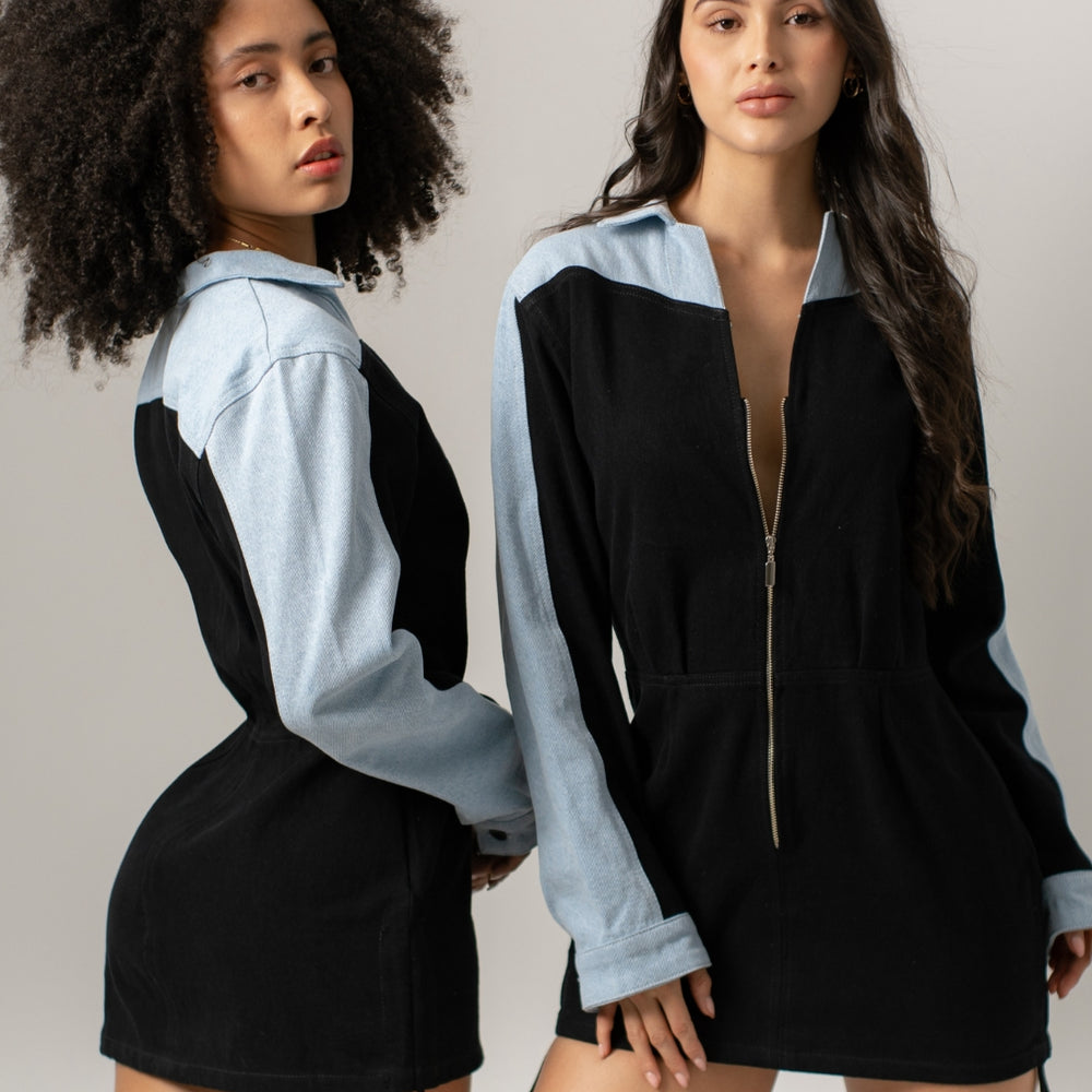 
                      
                        Women's Long-sleeve Denim Mini Dress Black and Blue
                      
                    