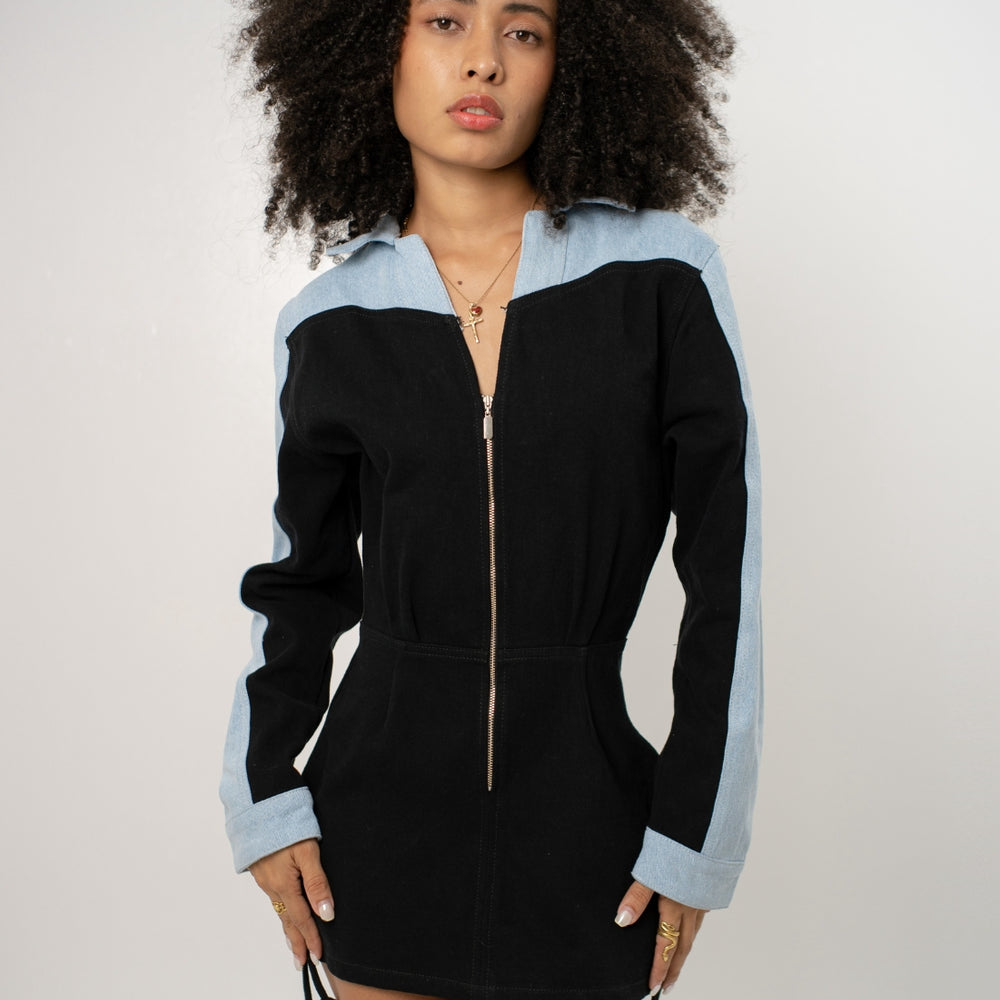 
                      
                        Women's Long-sleeve Denim Mini Dress Black and Blue
                      
                    