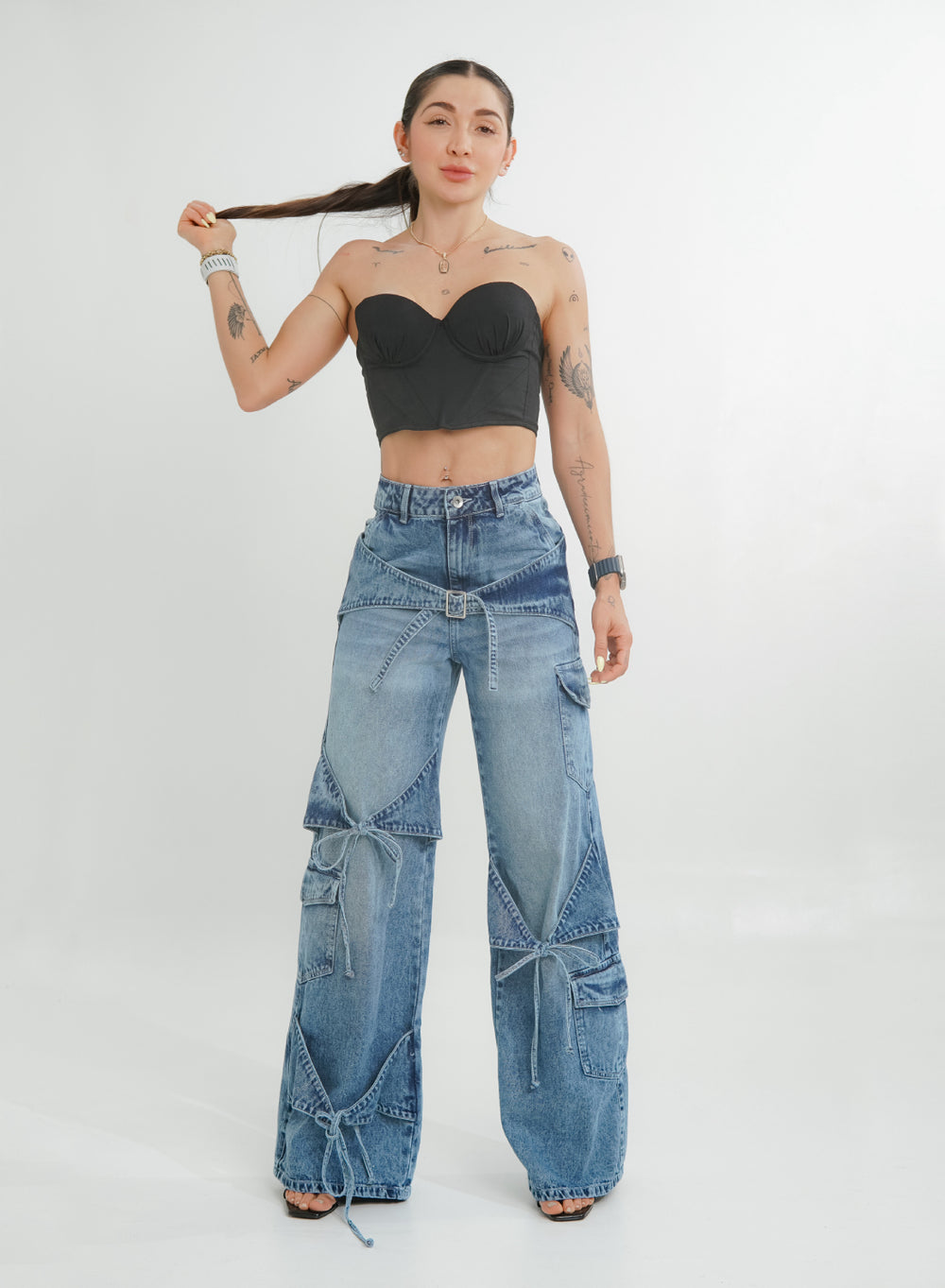 Women's Mid Rise Blue  Cargo Jeans Summer