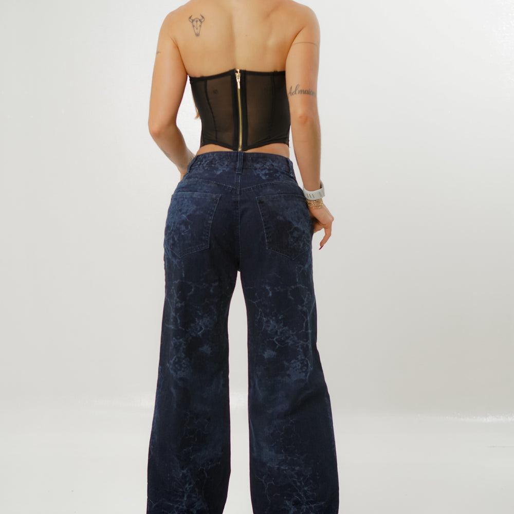 Women's Low Rise Straight Dark Blue Jeans with Lasser effect 