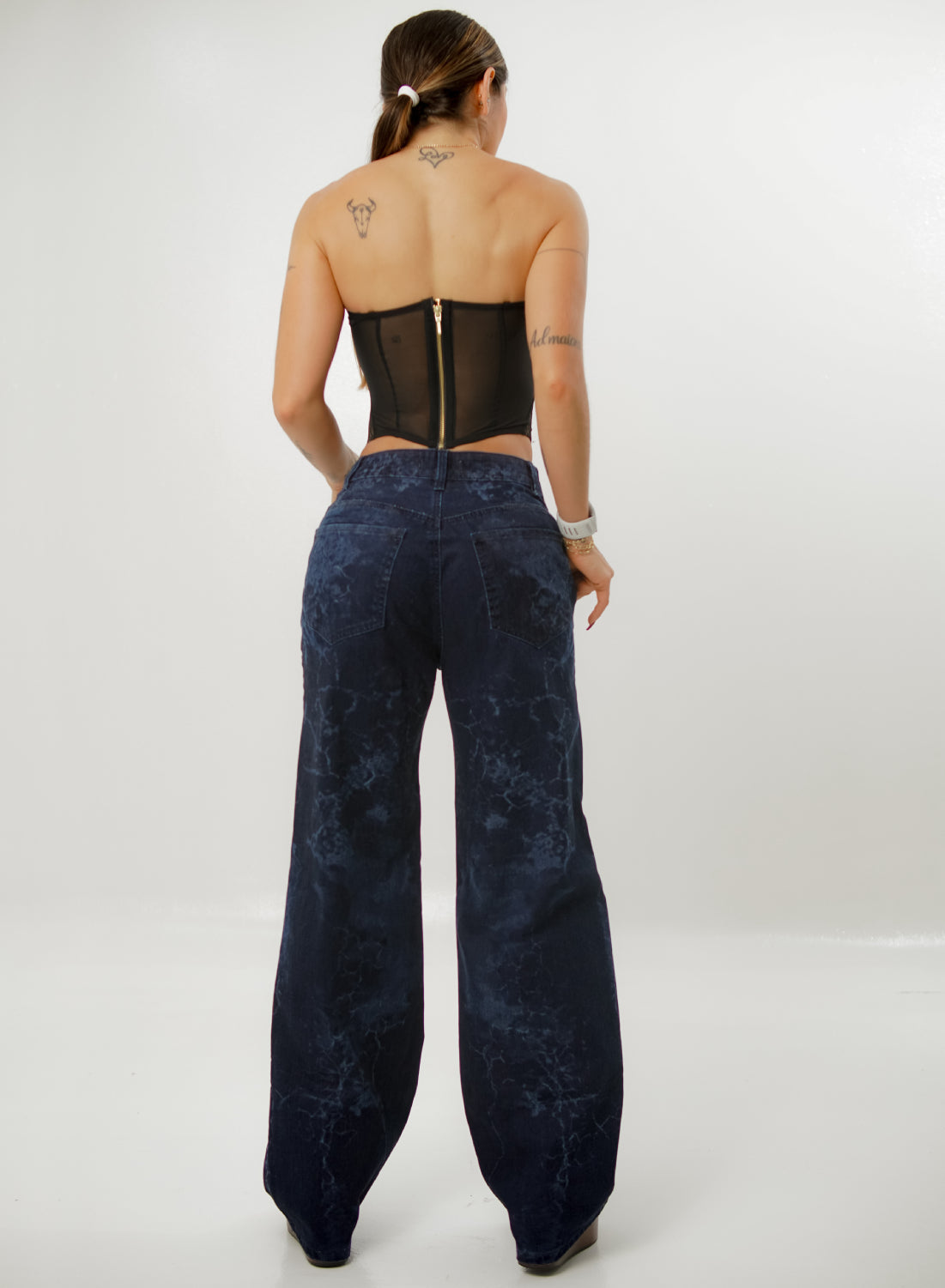 Women's Low Rise Straight Dark Blue Jeans with Lasser effect 