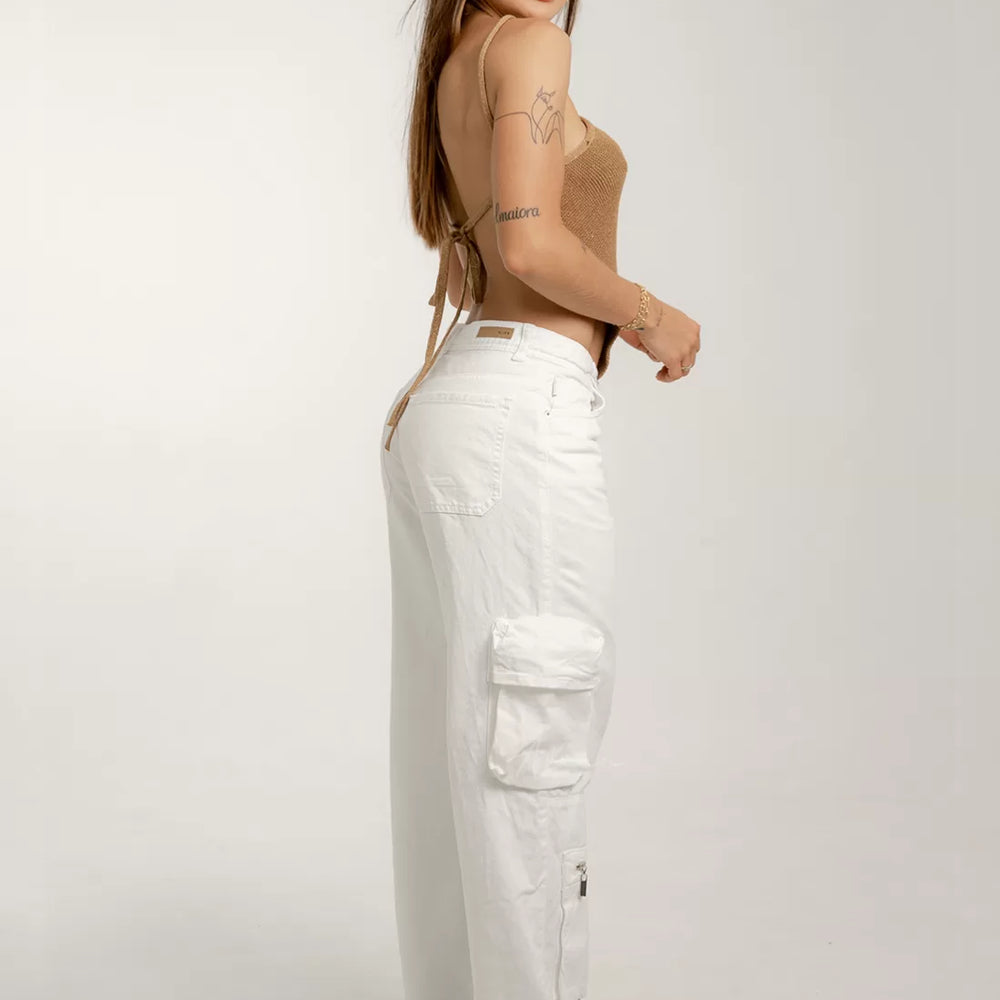 Low Rise White Cargo Jeans