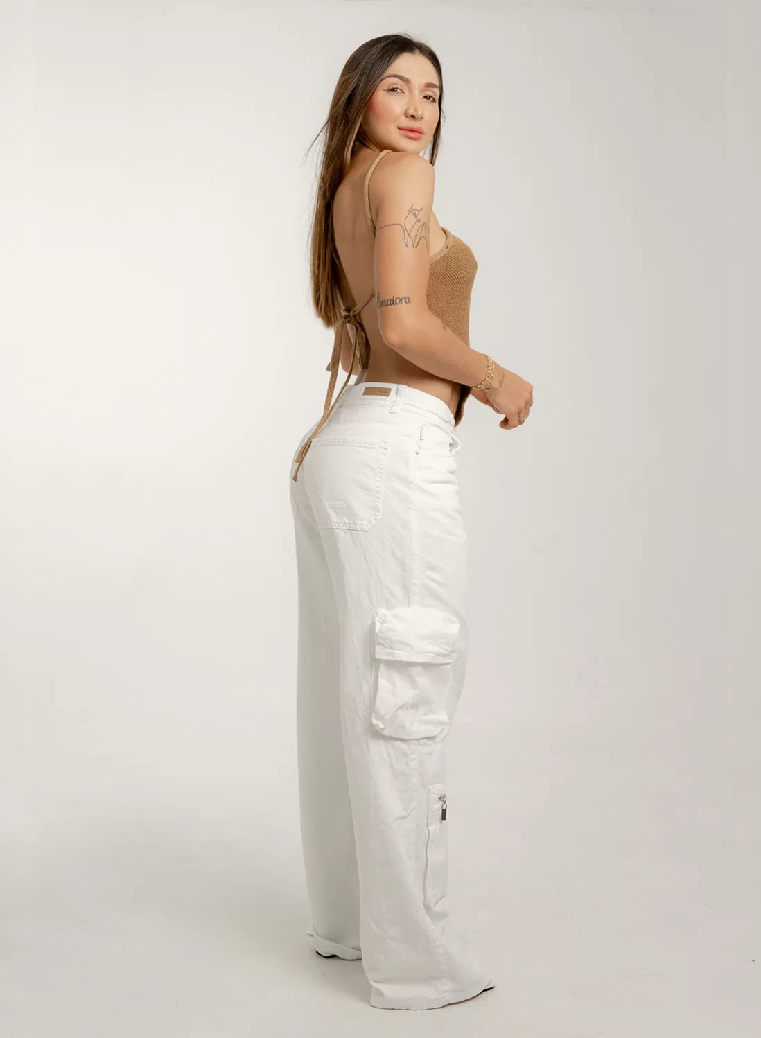 Low Rise White Cargo Jeans